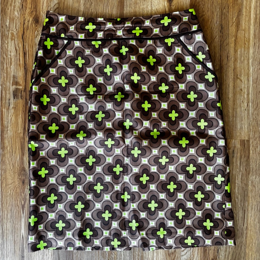 Milly Brown and Green Retro Floral Silk Pencil Skirt
